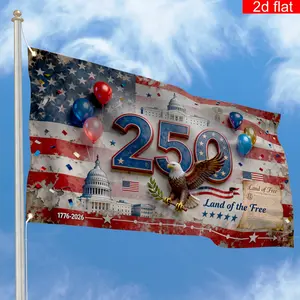 2D Flat Banner-a commemorative banner marking the 250th anniversary of Independence Day. Crafted from polyester, it features the inscription "Land of the Free," an American bald eagle, and the design of the U.S. flag. This vibrant and colorful commemorati