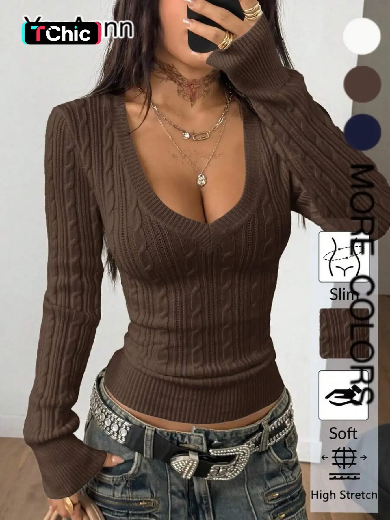 Elegant V-Neck Long Sleeve Cable Knit Sweater for Women, Fall Winter New Arrival, Soft and Stylish, Slim Fit, Casual and Fashionable, Versatile Knitted Top