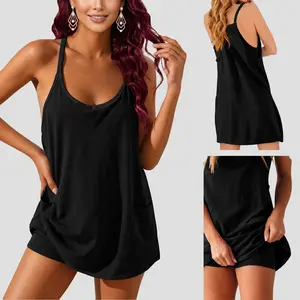 Women's Summer Sleeveless Mini Dress with Built-in Shorts V Neck Spaghetti Straps Athletic Romper Dress with Pockets Casual Flowy Workout Sundress SummerVibes