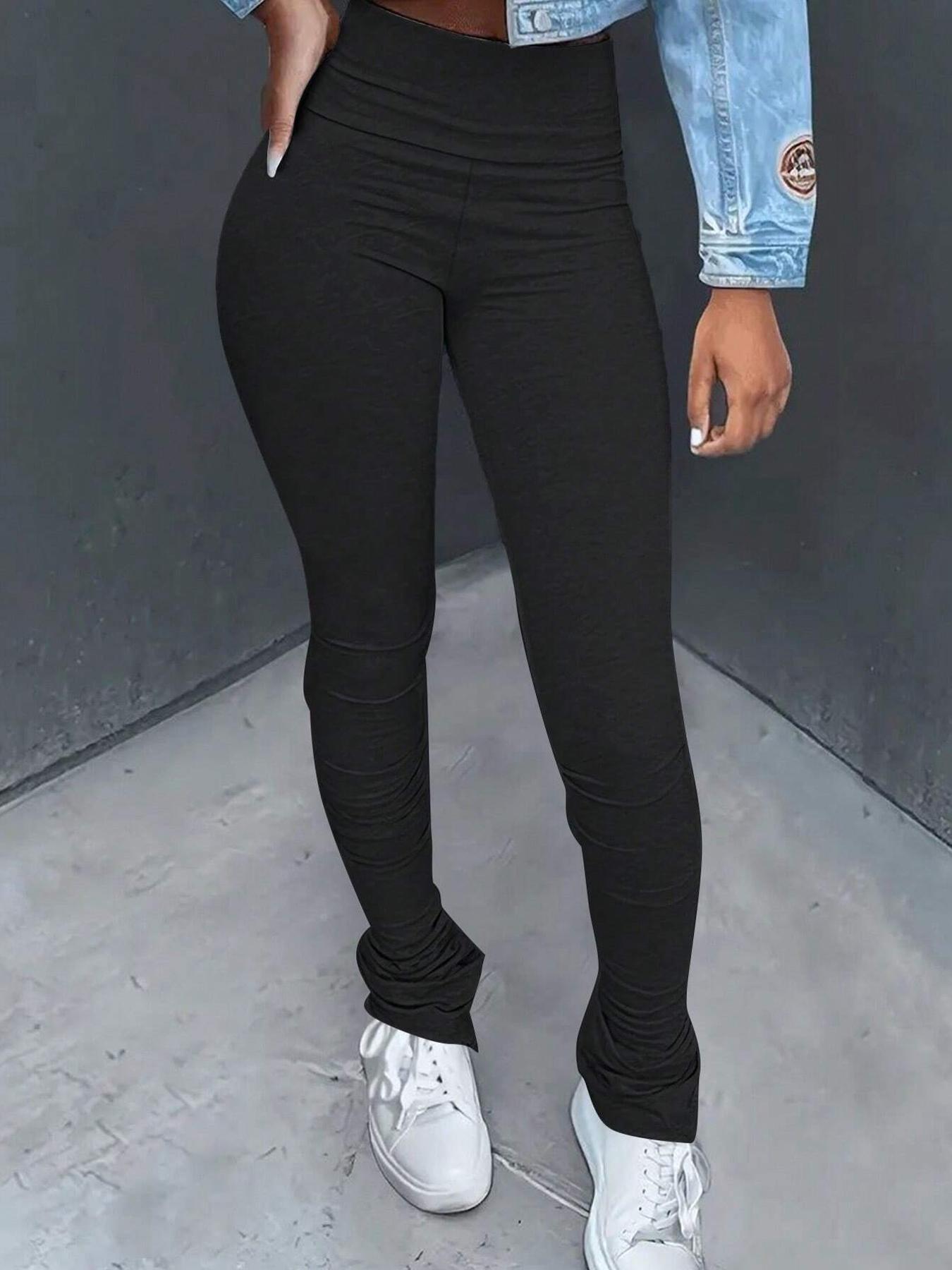 Women's Solid Ruched High Waist Skinny Pants, Casual Street Comfy Stack Trousers for Everyday Wear, Pants for Women, Ladies Bottoms for All Seasons