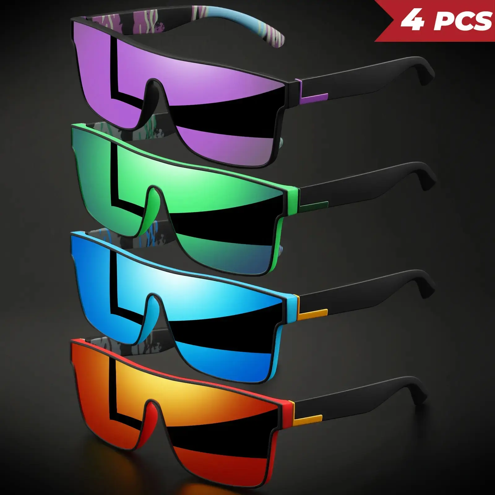 4-Pack Classic Square Sports Sunglasses – Colorful One-Piece Lens UV400 Protection Unisex Lightweight Comfort Fit Eyewear for Cycling, Travel, Outdoor Activities & Daily Wear Fashion Set