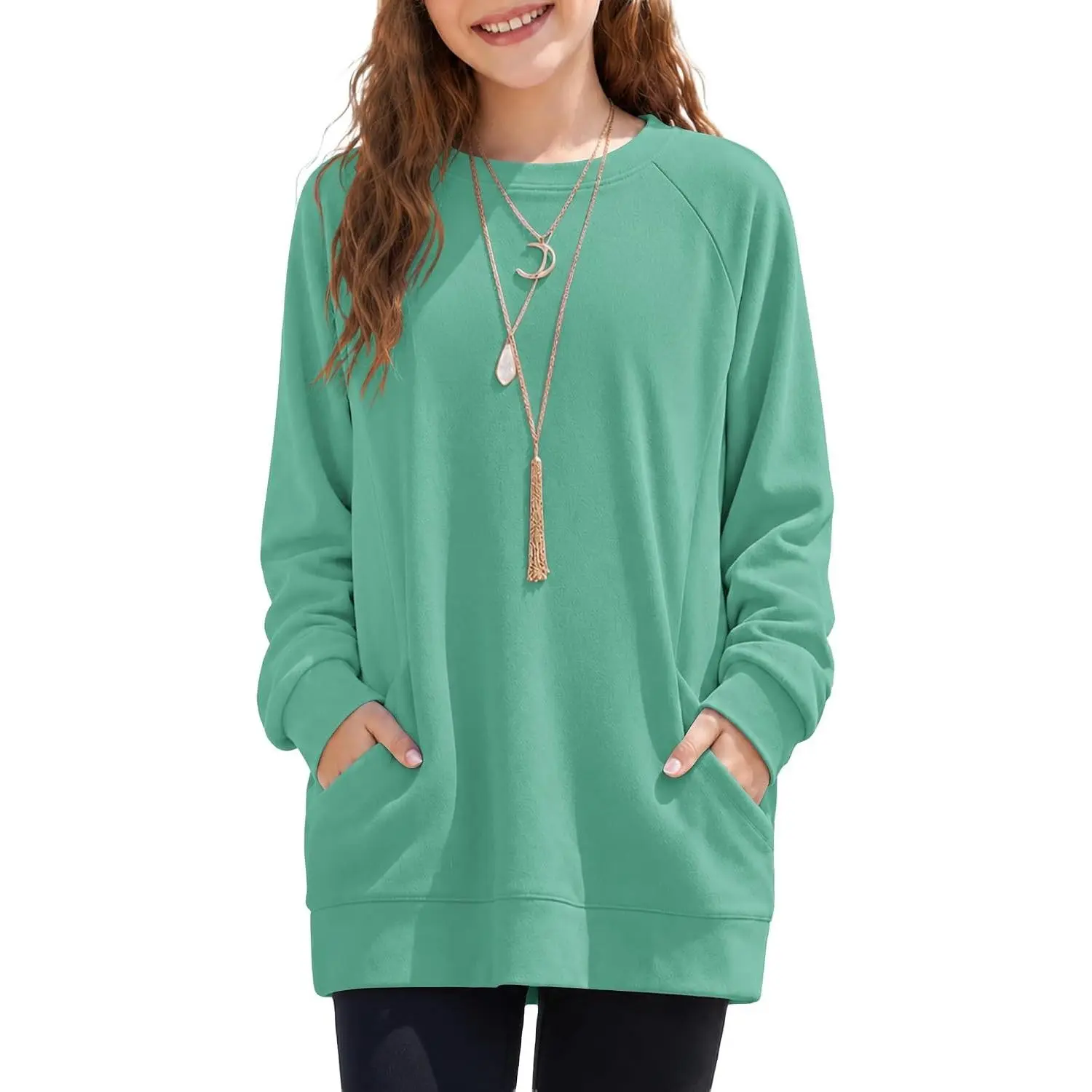 Long Sleeve Shirts for Teen Girls Fall Pullover Sweatshirts With Pockets Crewneck hoodless sweatshirts for girls, 2026 new daily loose fleece tunic tops, long sleeve shirts 5-14 Years