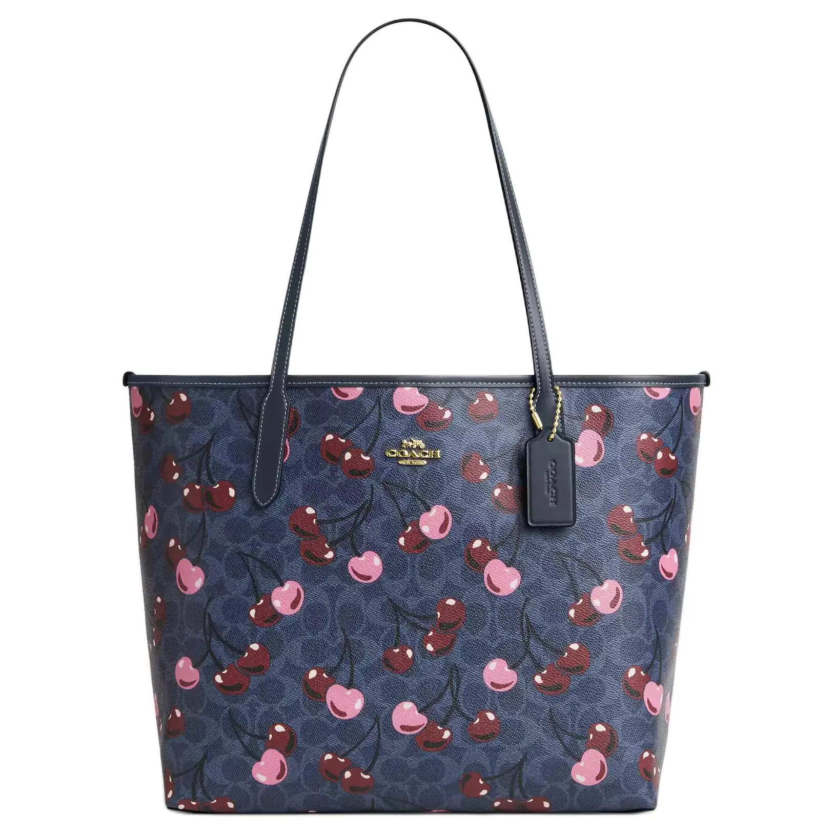 COACH City 33 Cherry Print Snap-Clasp Coated Canvas Tote Bag for Women, Denim Blue
