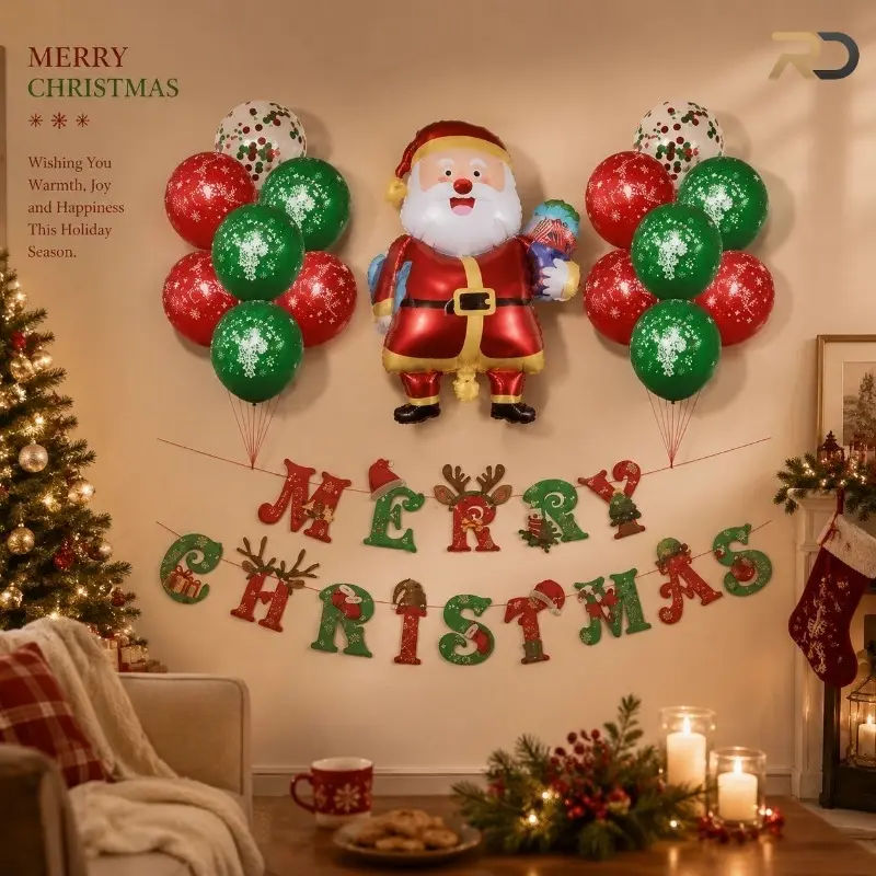 Christmas Balloon and Banner Set, Cute Cartoon Style, Santa Claus and Gingerbread Man Foil Balloons with Christmas Banner, Home Living Room Christmas Atmosphere Decoration