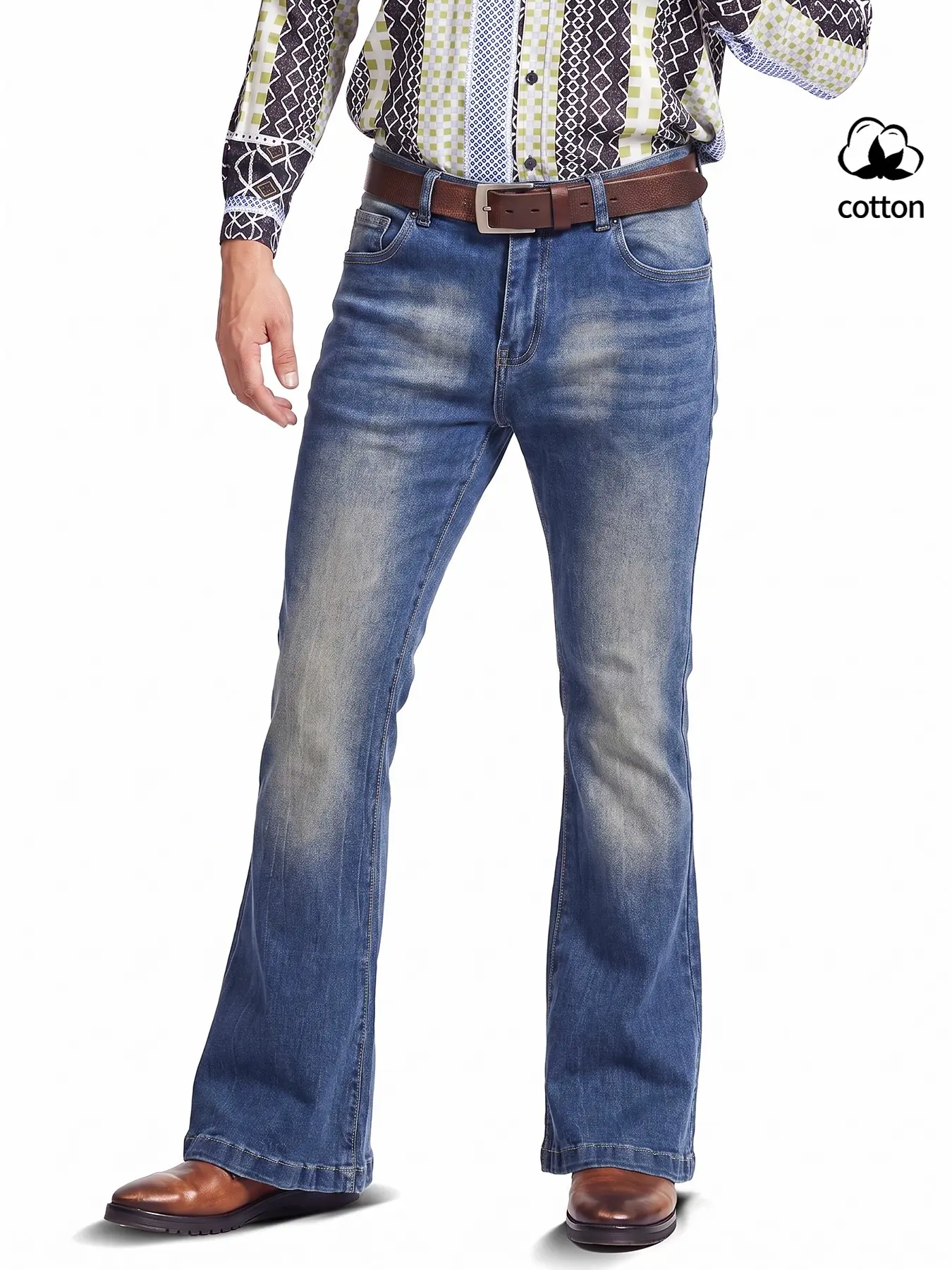 Men's Vintage Washed Micro Bell Bottom Jeans, High-Waisted Cotton Casual Pants, Slim-Fit Ankle-Length Denim for Daily Business Wear
