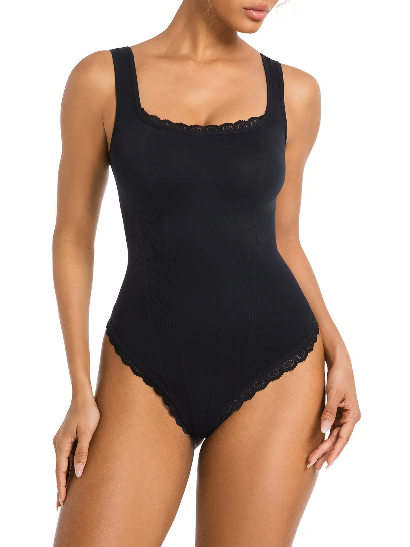 Square Neck Wide Strap Ribbed Bodysuit Underwear, Scalloped Lace Trim, Stretchy Fabric, Elegant Design, Casual Layering Wear, All Seasons, Sleeveless Bodysuits