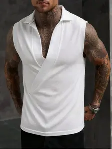 Men’s White Lapel Wrap V Neck Sleeveless Tank Top, Mesh Breathable Knit Fabric, Slim Fit Casual Waistcoat, Ideal for Daily Wear and Layered Outfit Matching