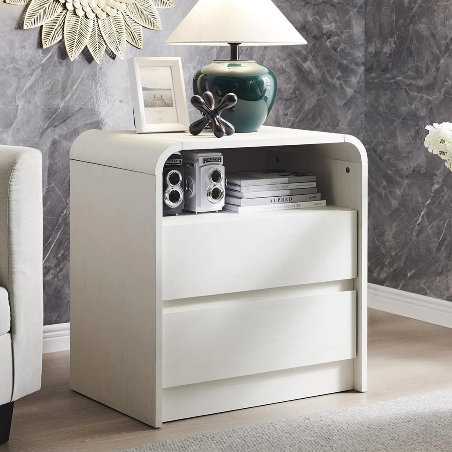 Curved Nightstand, Bedside Table with Drawers and Open Shelf | Double Drawers Wood Grain Finish With Rounded Edges Charging Station, Ideal As End Table For Bedroom, Living Rooms