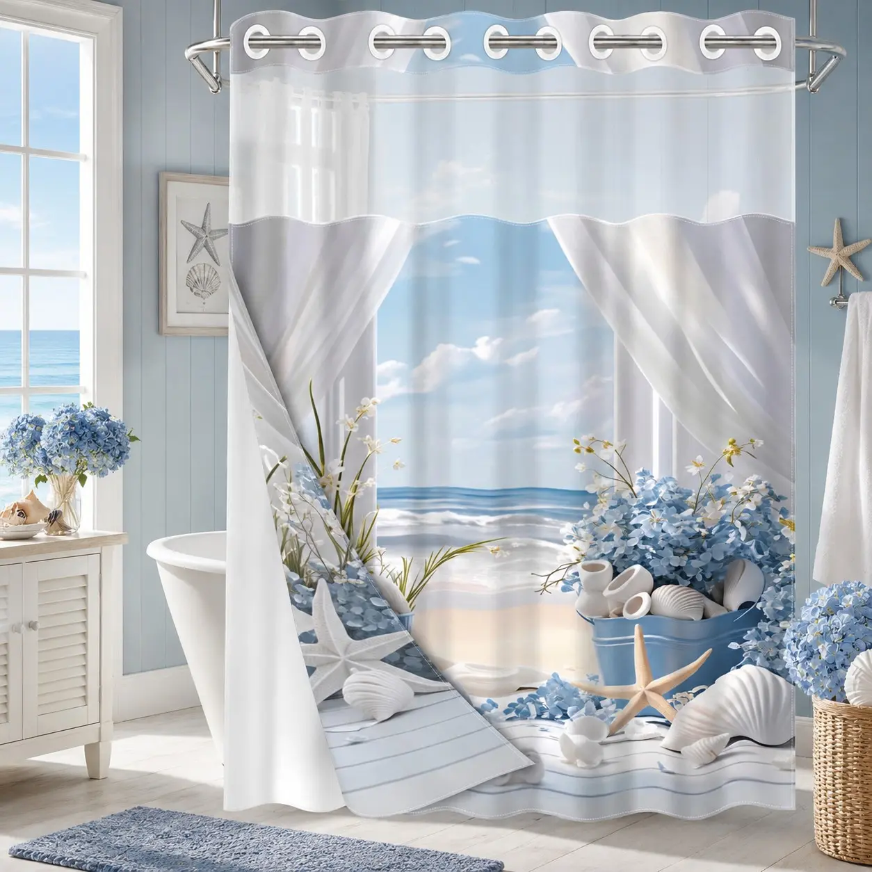 1 Piece No Hook Double Layer Decorative Shower Curtain, Coastal Beach View Print Bath Curtain, Waterproof, Mildew Resistant, Durable Fabric, Nautical Home Decor, Removable Liner, Top See-Through Window, Partition Curtain 71"×74" Bathroom Curtains Shower