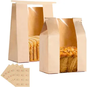 14" x 8.3" x 3.5" Sourdough Kraft Loaf Bag with Clear Front Window, 100 Pack Large Paper Bread Bags for Homemade Bread with Tin Tie Tab Lock, Label Seal Sticker Included