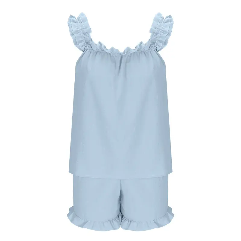 Women's Cute Light Blue 2-Piece Sleeveless Ruffled Shorts Pajama Set - Basic Lady's Comfortable Nightwear for Home, Vacations