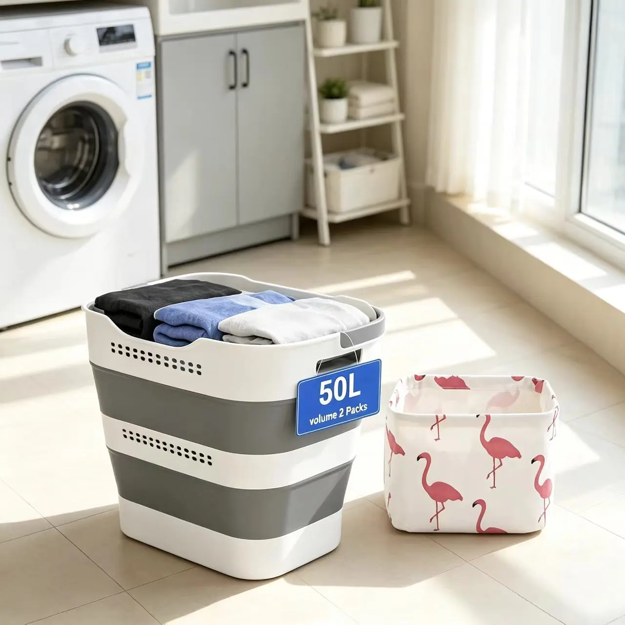 Pop-Up Folding Laundry Basket with Small Storage Basket, Featuring a Plastic Storage Basket with Handles, Space-Saving, Sturdy, And Durable, Available in Multiple Styles to Choose from, Shelf Baskets