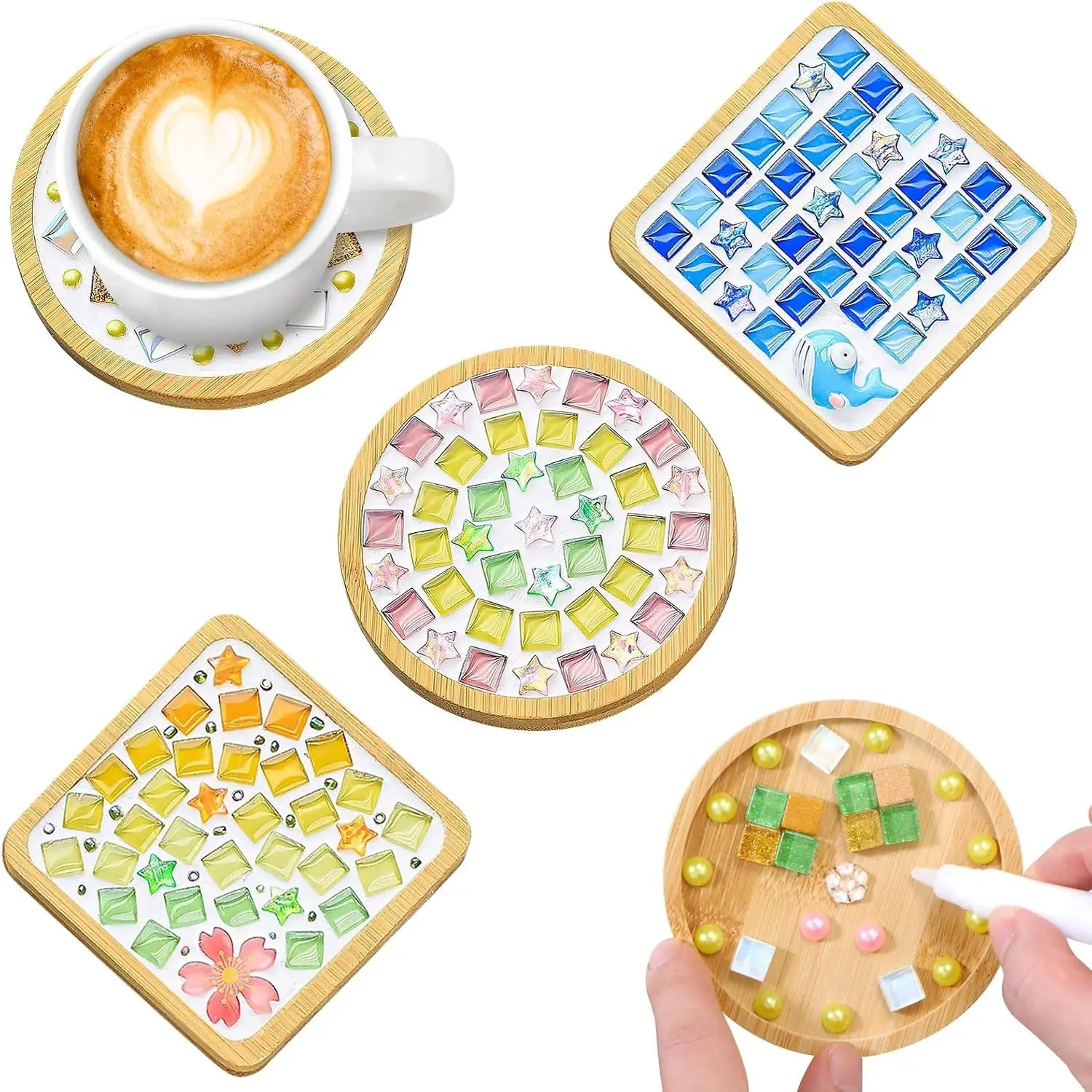 4 Sets DIY Mosaic Tiles for Crafts  Color Mosaic Pieces with  Coaster Stained Glass Mosaic Arts and Crafts Kits for Adults  Coaster Supplies for  Decor
