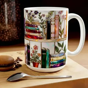 2D flat Stained-Glass Design 15oz Mug, Floral Bookshelf Mug, Book Lover Gift, Bookish Mug, Library Cup, 11oz Tea Cup, Large Ceramic Mug, Coffee Mug, Gift for Friends, Kitchen Drinkware