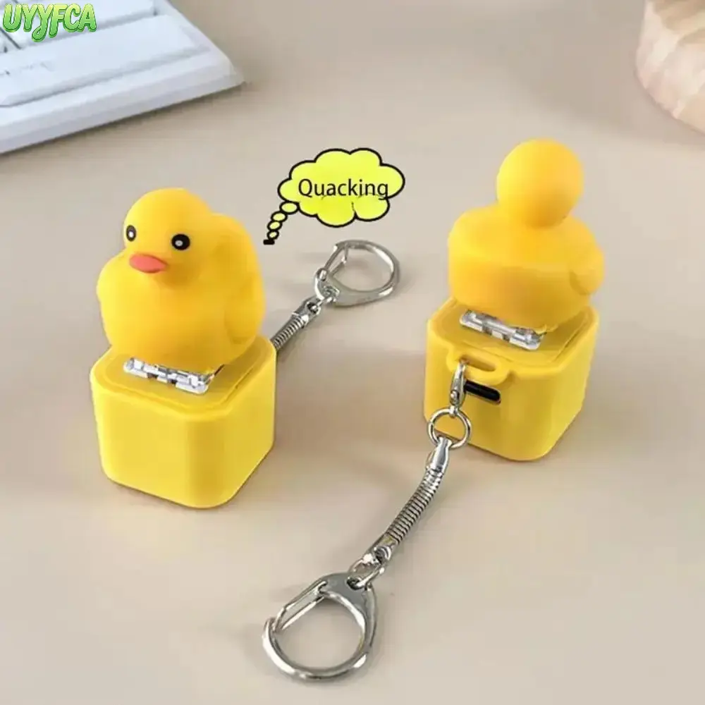 360°Cute Rotatable Quacking Yellow Duck Fidget Keychain Toy, Type C Rechargeable Light Up Sensory Stress Relief Toy, Spring Snap Keyring Portable Mini Cute Animal Fidget Accessory, Funny Sound Light Fidget Gift For Kids And Adults,Summerwins
