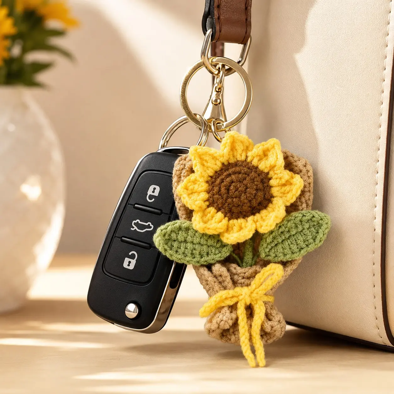 Handmade Crochet Sunflower Keychain for Dad, Cute Keychain Accessory, Cute Car Key Charm, Meaningful Thank You Gift, Positive & Strong Symbol, Father’s Day Birthday Gift