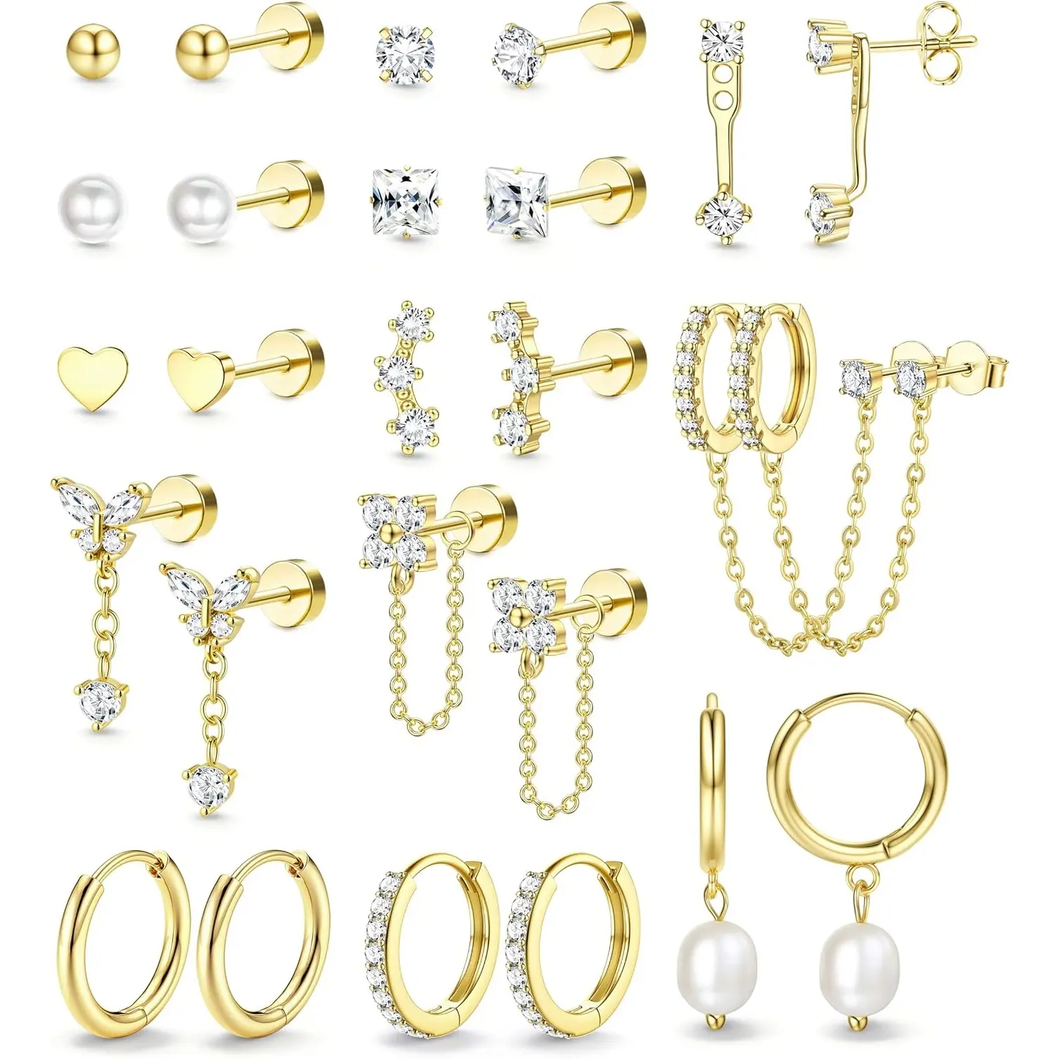 Trendy Hypoallergenic Flat Back Earrings Set for Women-Surgical Stainless Steel Earrings for Sensitive Ears-14K Gold Plated Chain Cartilage Earring Stacks Flatback Stud Hoop Earring Sets for Multiple Piercing Jewelry