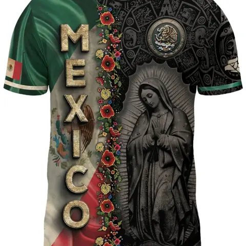Mexico Flag Eagle and Serpent Aztec Heritage Statement Shirt, Guadalupe Fitted Long-Sleeve All-Over Print National Pride Apparel, Iconic Eagle Serpent Motif