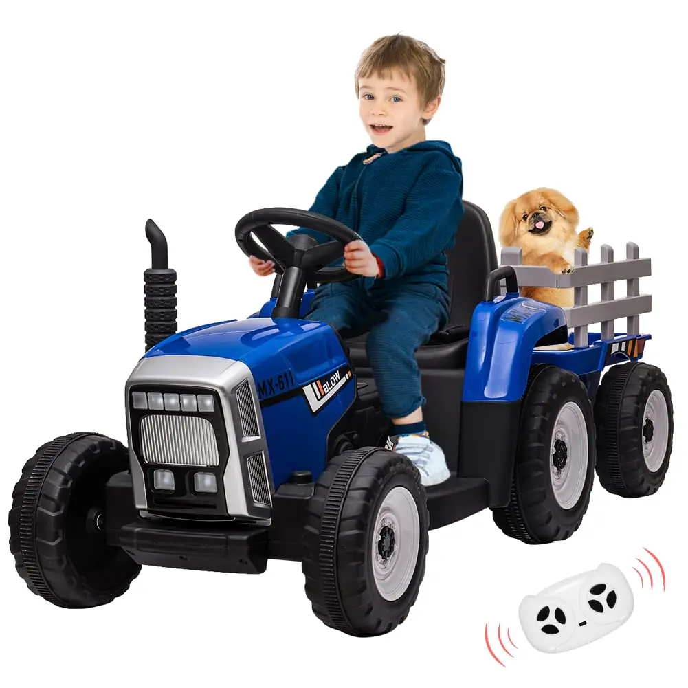 12V Ride-On Electric Tractor for Kids – Removable Trailer, LED Lights, Remote Control, Music, USB/wireless, Rechargeable Battery – Electric Vehicle Toy for Boys & Girls Ages 3-8, Green/Blue/Red