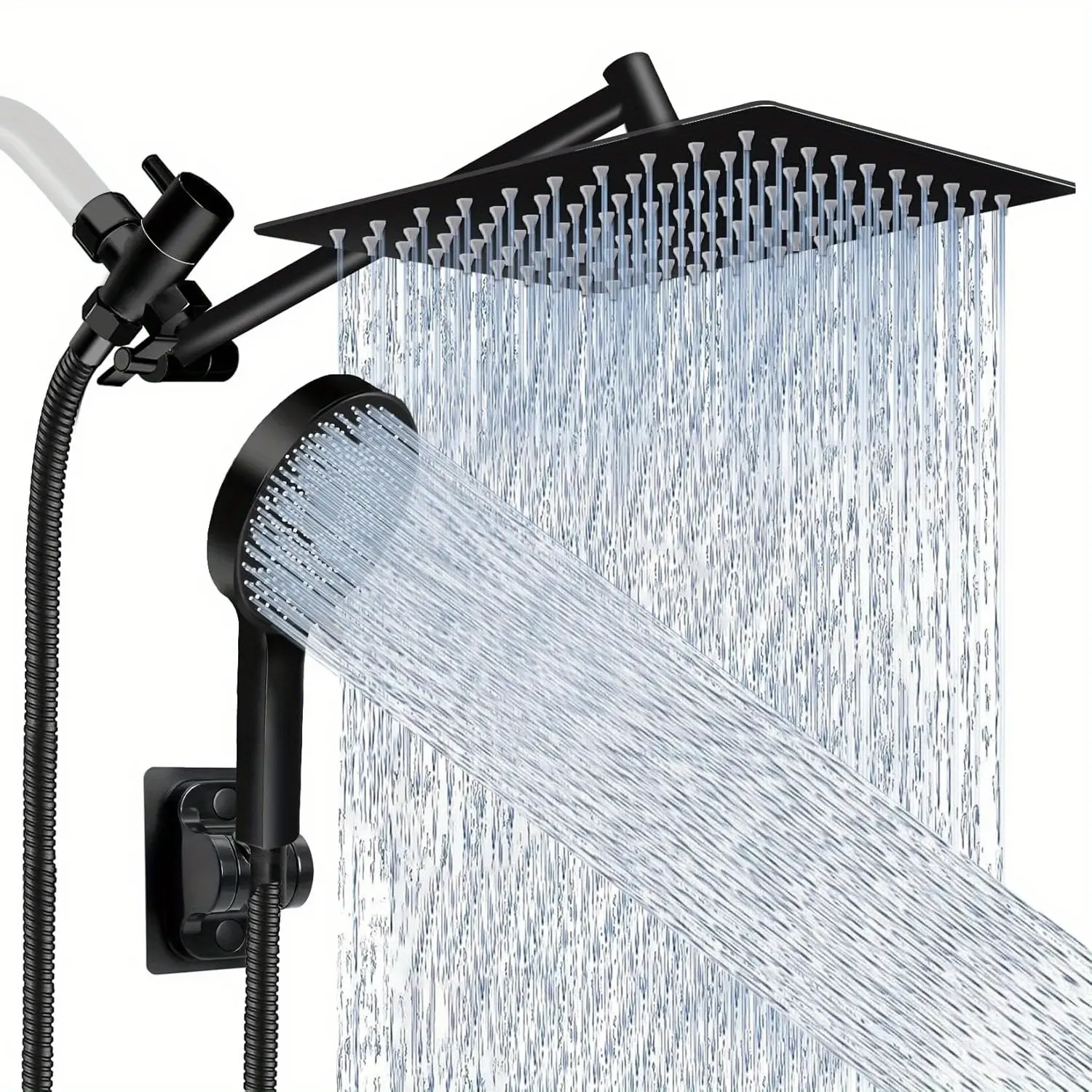 High Pressure Rainfall & Handheld Shower Head Combo with 11'' Extension Arm, 9 Spray Settings, Anti-Leak, Height/Angle Adjustable Holder, Chrome & Matte Black