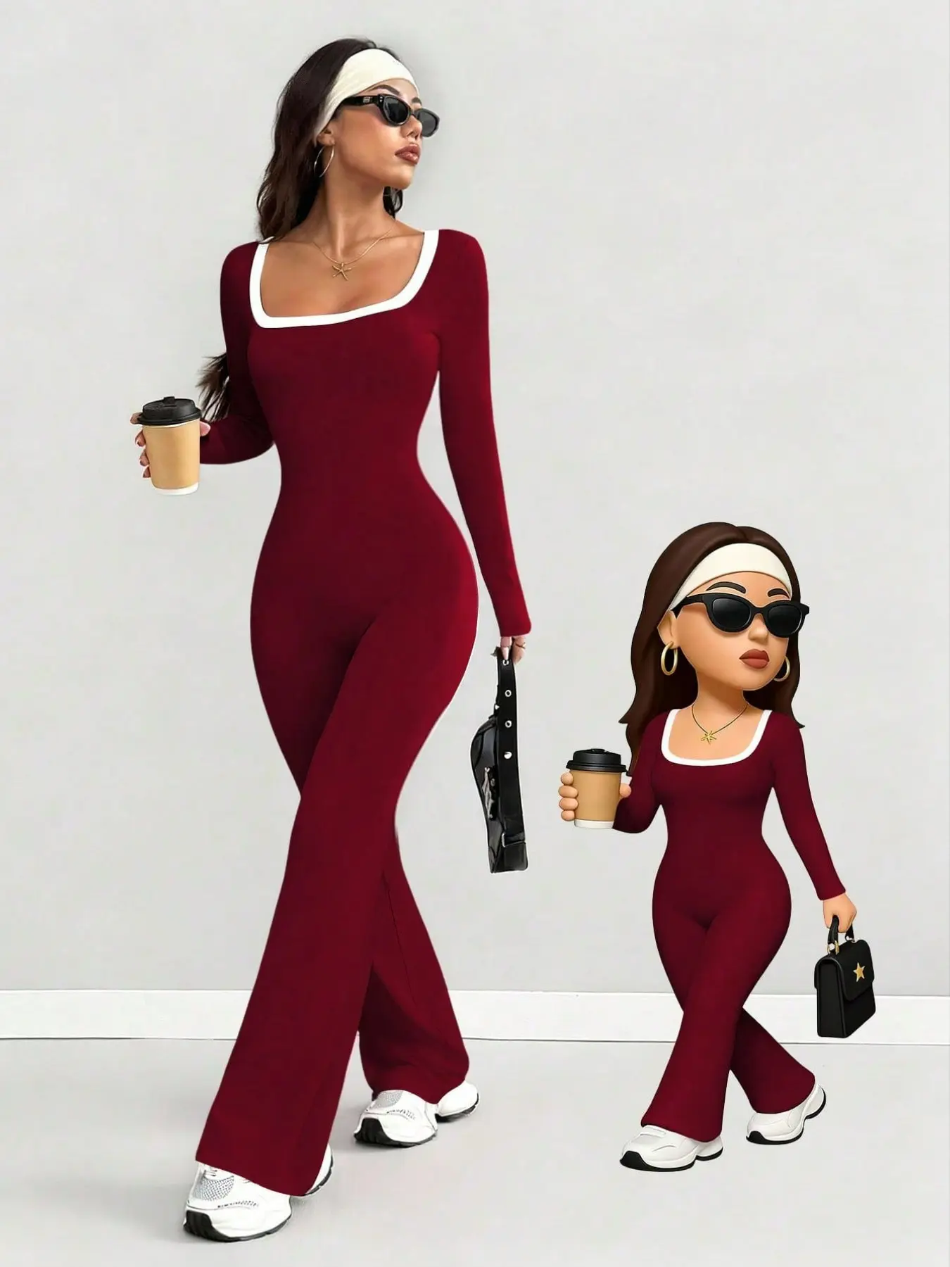 Trendy Contrast Binding Hollow Back Jumpsuit, Casual Comfy Jumpsuit, Square Neck Long Sleeve High Waist Flared Romper, cutout back design, elastic fabric modify silhouette, Ideal for fitness training and street photoshoot, stylish bodycon jumpsuit