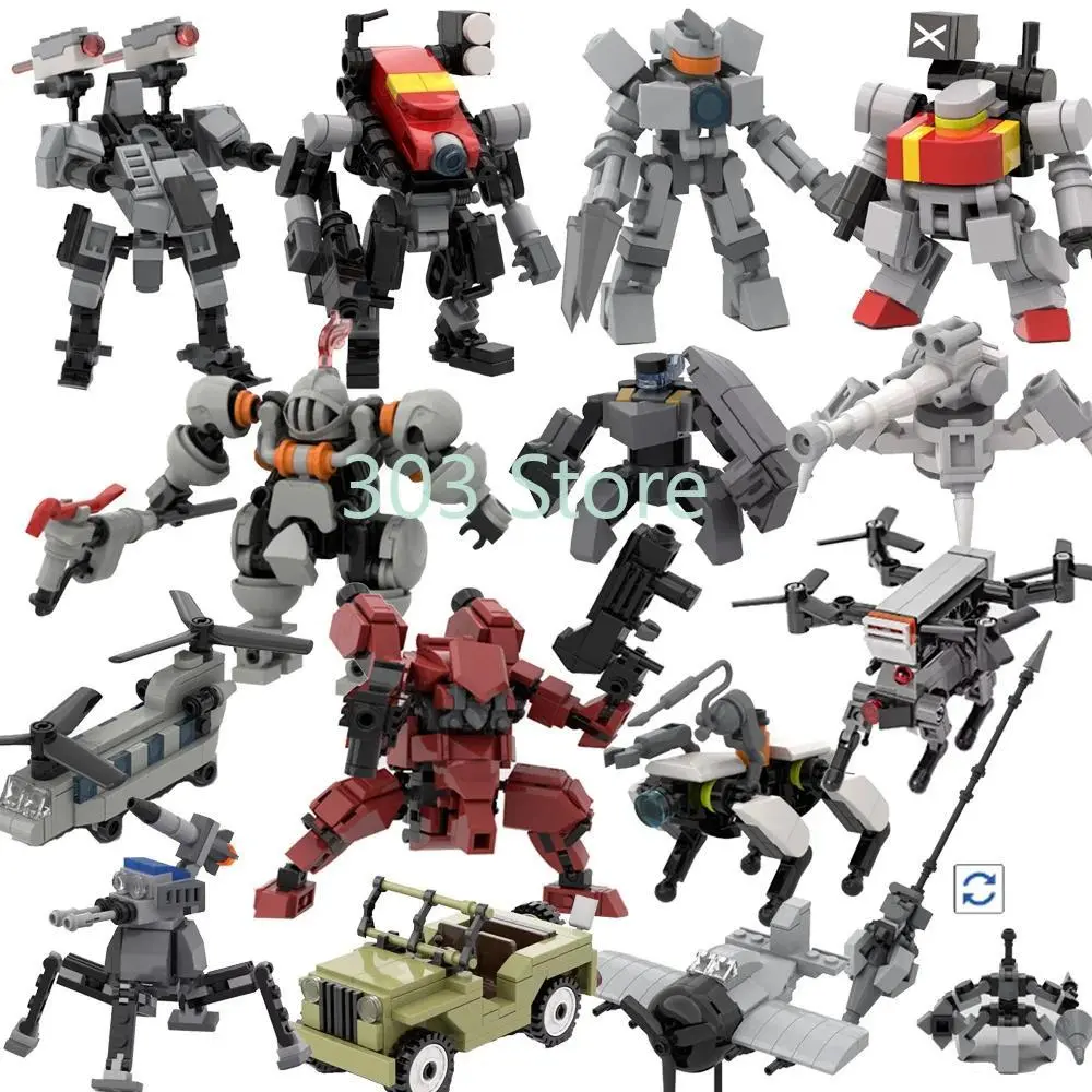 MOC Building Blocks Robot Dog Fighter Aircraft Drone Launcher Bullet Missile Knight Mecha Tank Howitzer Decorative Toy Kid Gift