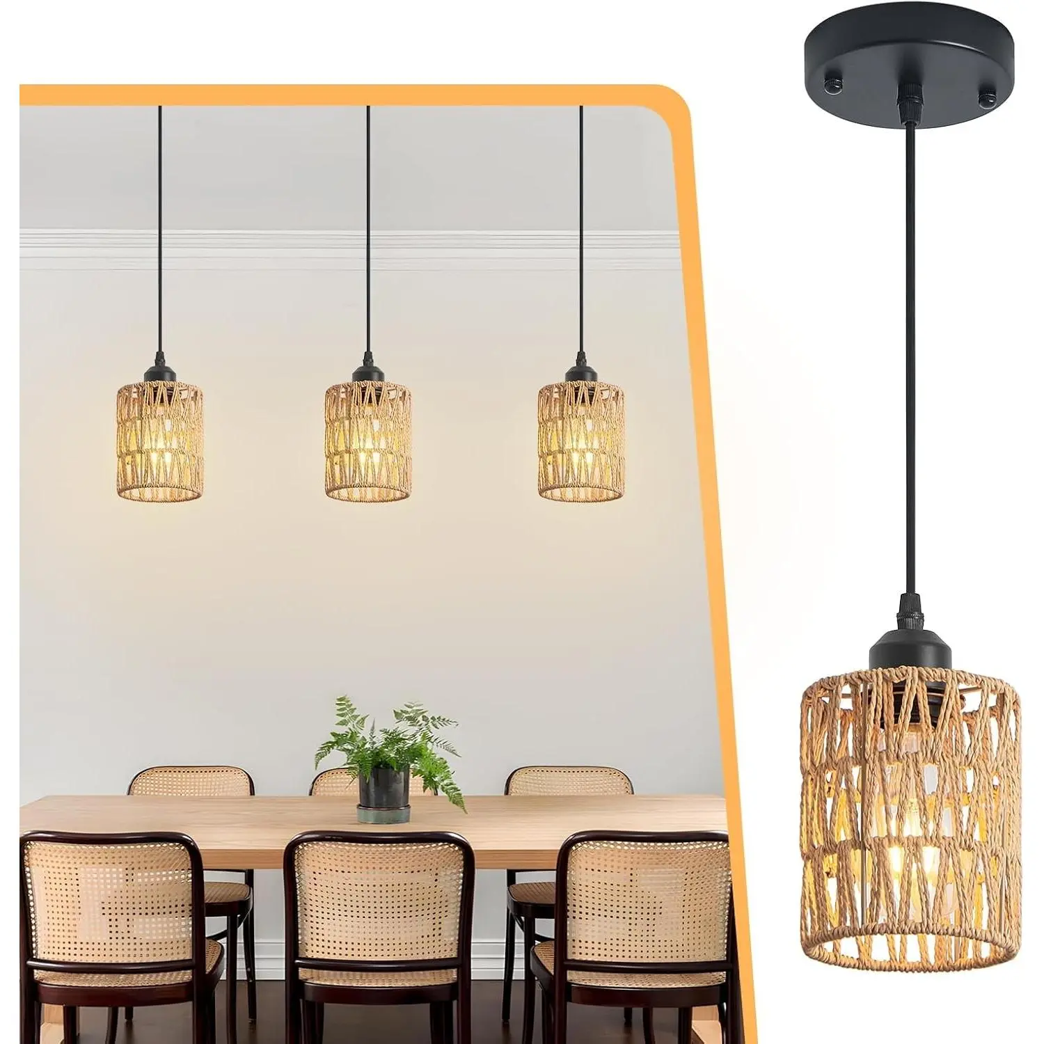 3-Pack Rattan Wicker Chandelier Pendant Lights, Farmhouse Boho Adjustable Height Ceiling Mount Fixtures with Hand-Woven Lampshades for Kitchen Island, Dining Room