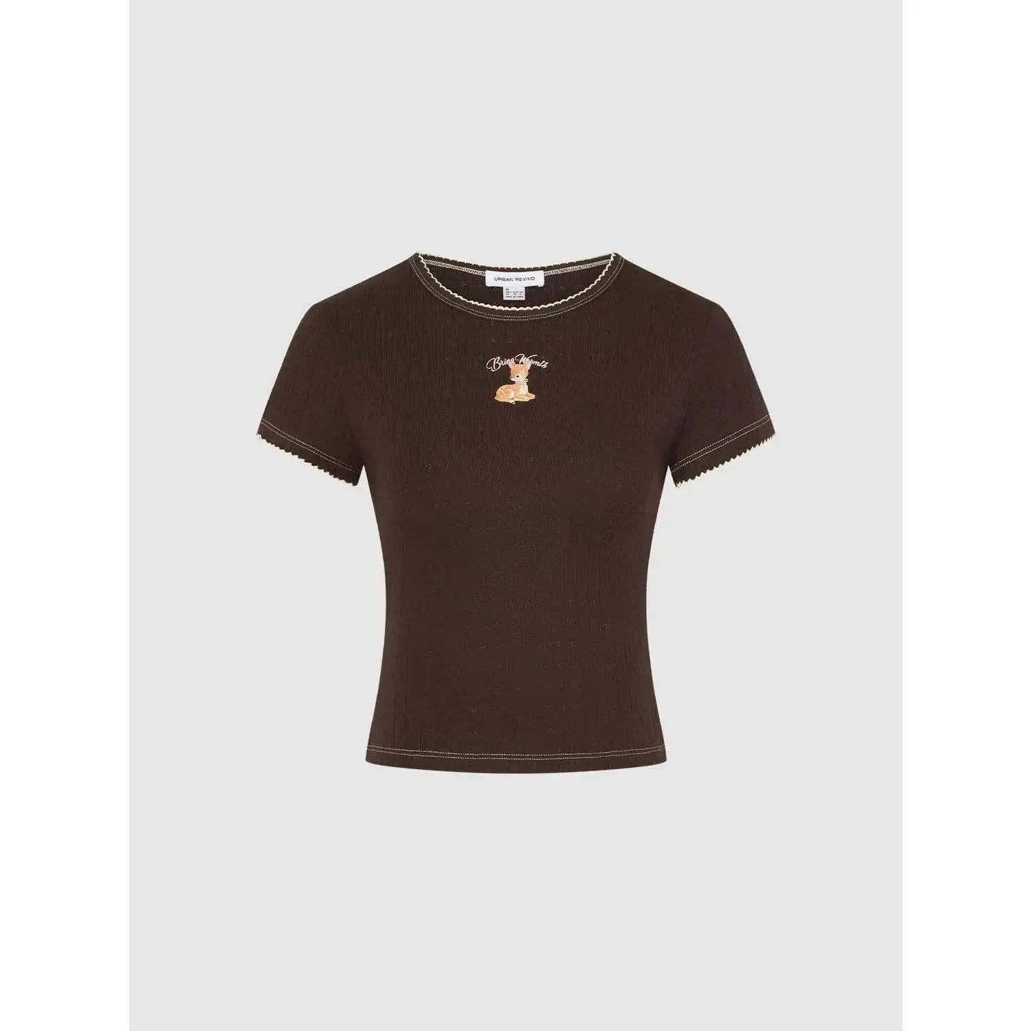 URBAN REVIVO Women's Bear Embroidery Cotton T-Shirt with Contrast Stitching, Casual Short Sleeve Everyday Essential Top, Fabric, Fit, Round Neck, Shortsleeve, Crew Neck