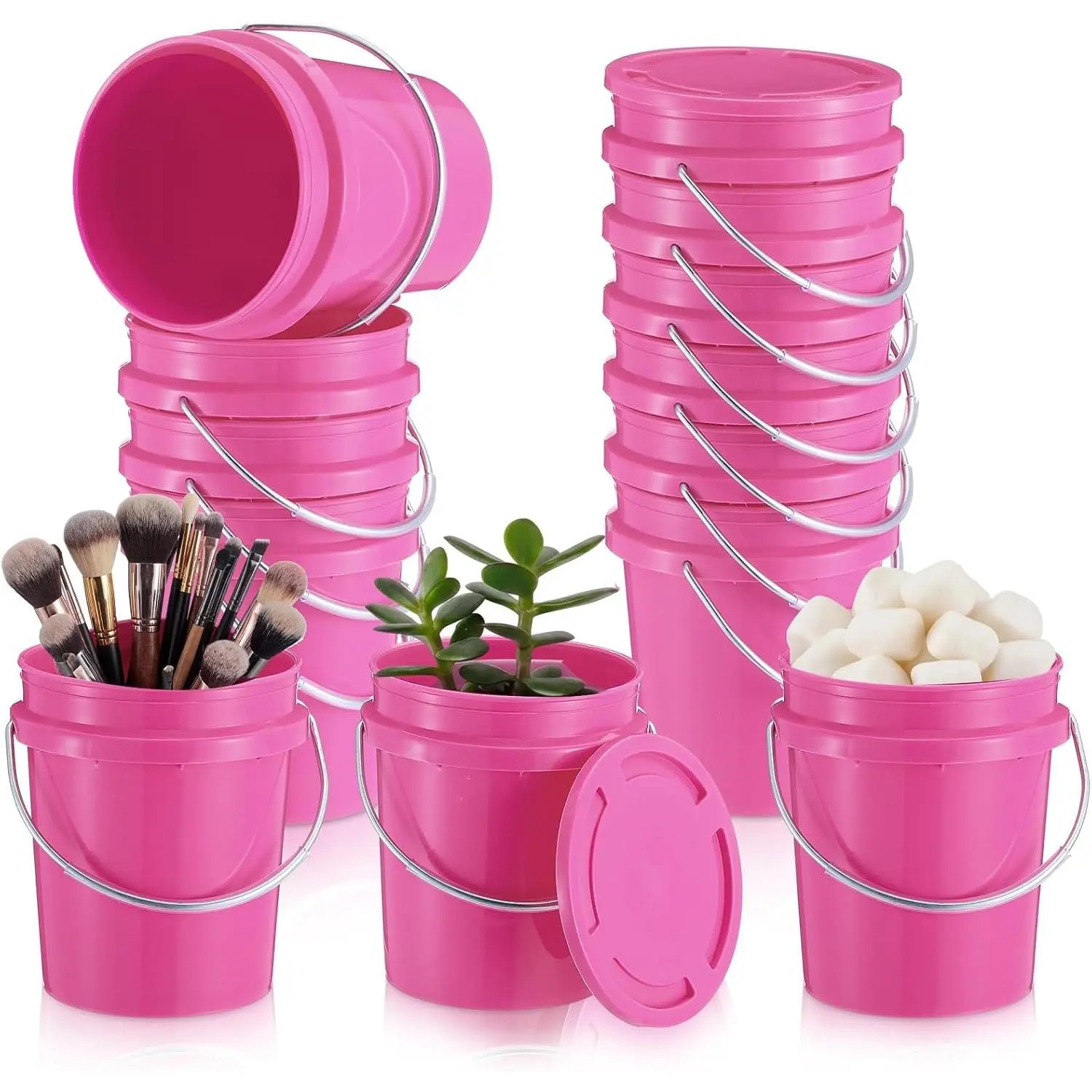 12 Pcs Mini Plastic Buckets with Lids, 0.4 Quart Pink Buckets for Party Gift Packaging, Candy Holders Easter Halloween Christmas Candy Treat Snacks Holder Birthday Baby Shower Party Supplies