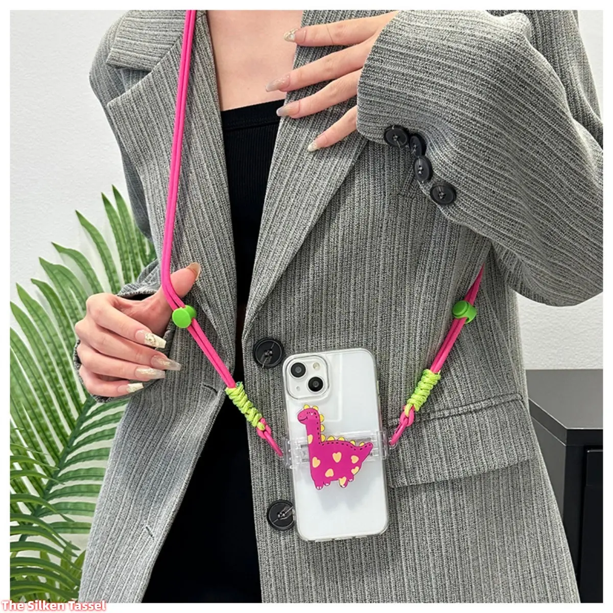Universal Dinosaur Print Phone Back Clip Cross-Body Contrast Color Lanyard, Removable Anti-Lost Bag Accessory, Strong & Durable Portable Item, Accessories