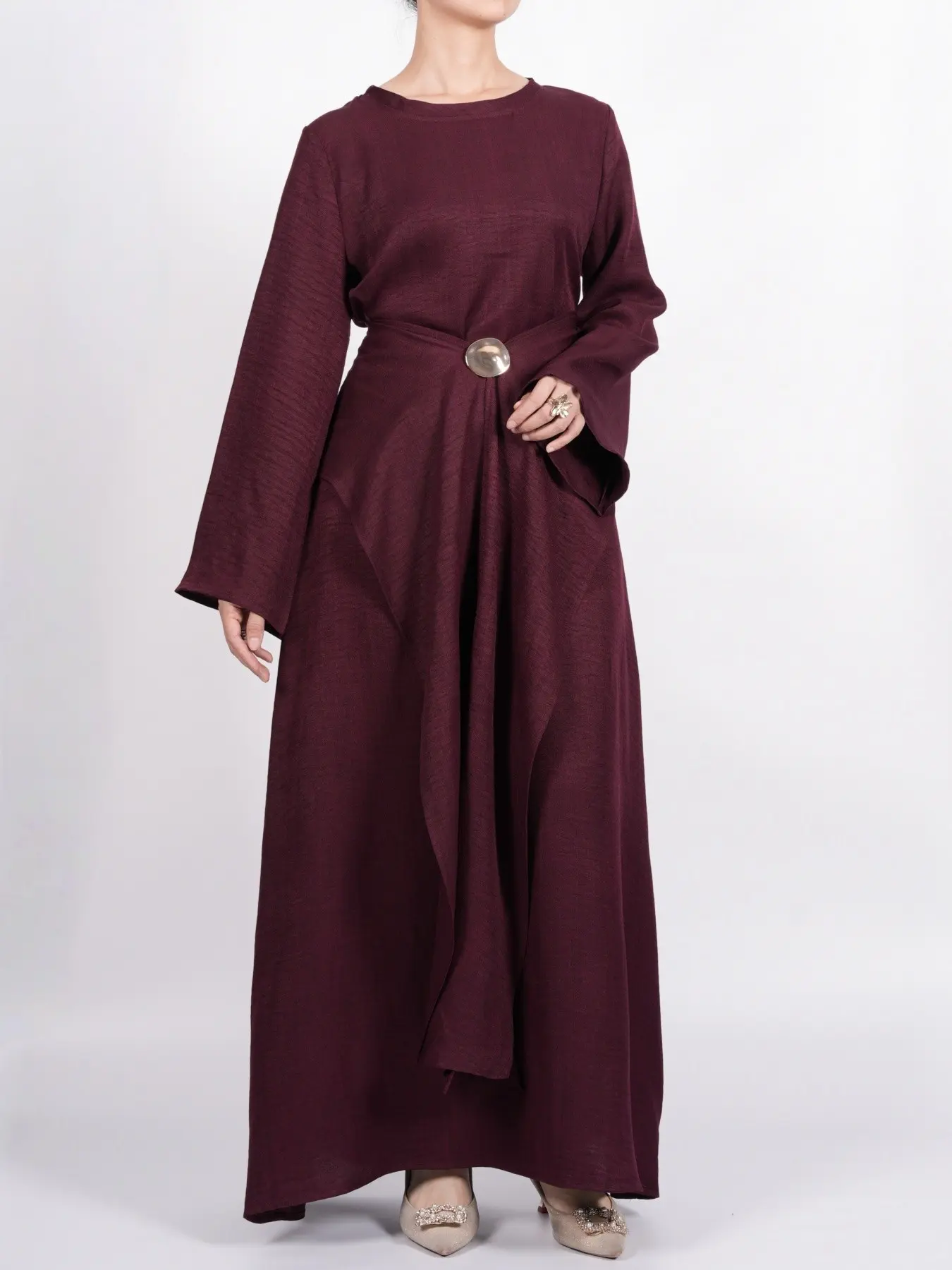 Elegant Waist Belt Flared Sleeve Long Dress Set, Modest Solid Color, Modest Muslim Clothing, Stylish Women's Fashion, Perfect for Special Occasions, Comfortable and Chic Design