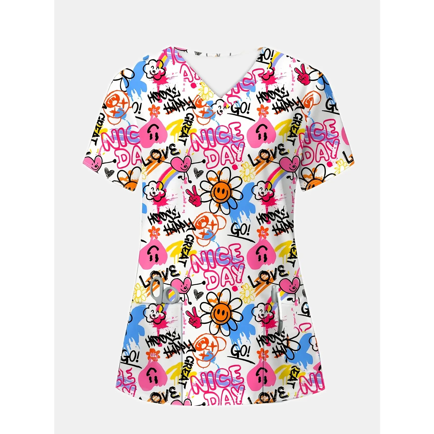 Women's Fashion V-Neck Graffiti Print Nurse Top - Comfortable and Trendy Uniform with Pockets, Polyester