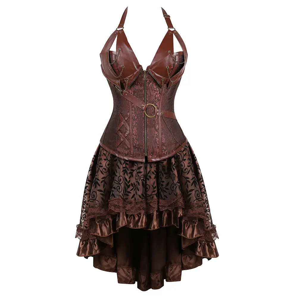 Women's Plus Size (Up to 7XL) Floral Lace Vintage Halter Neck 2-Piece Pirate Corset Dress Set - Elegant Fairy Role Play Party Costume, Witch Halloween Goth Outfit with Short Tutu Skirt, Steampunk Renaissance Victorian Shapewear (Brown Print)