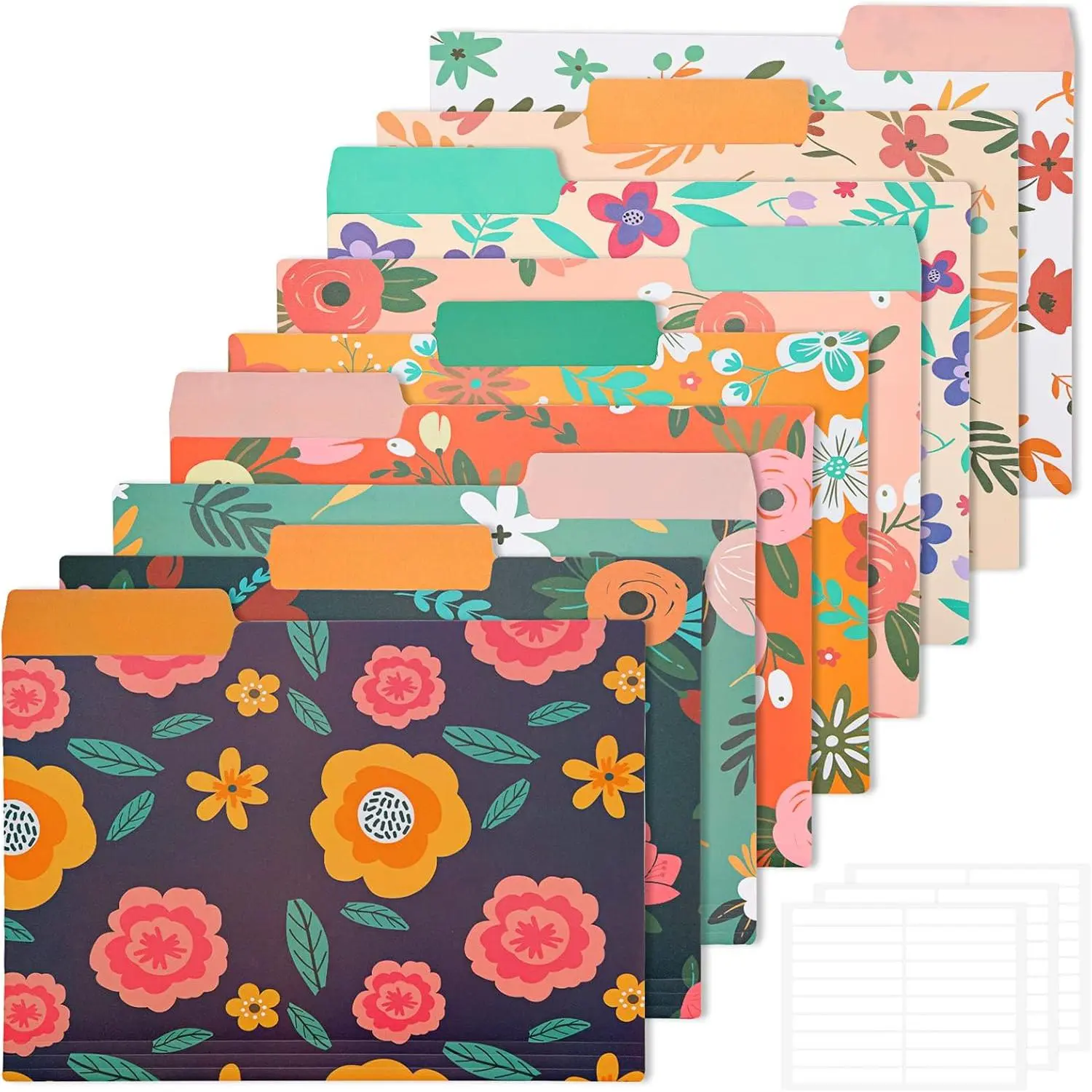 9-Count Plastic Decorative File Folders, Letter Size with 1/3-Cut Tabs, Colorful Floral Patterns, Erasable Category Labels for Document Filing, Office & School Supplies