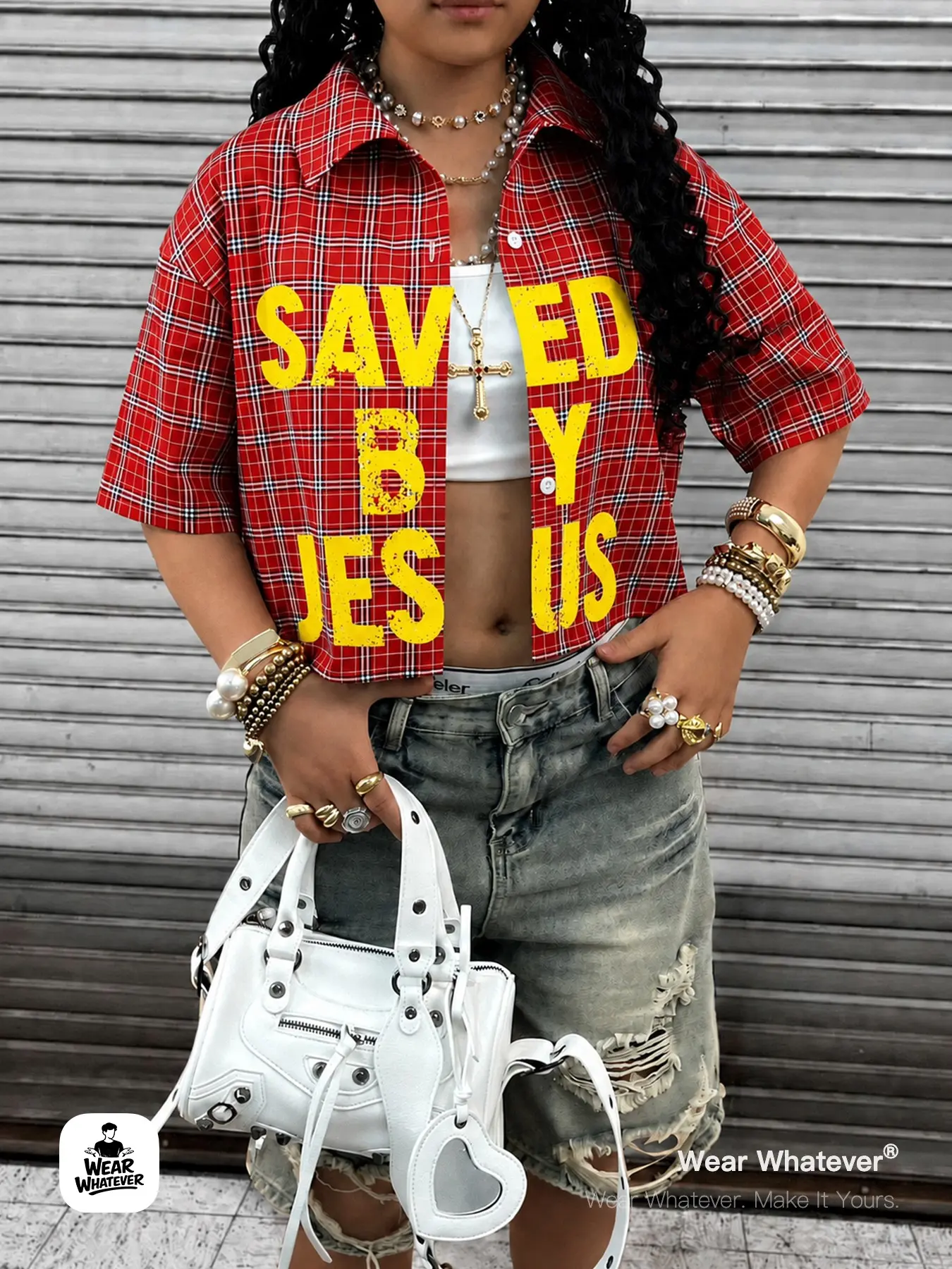 Wear Whatever Women’s Plaid Oversized Casual Short Button Shirt, Faith Graphic Print “Saved By Jesus” Summer Streetwear Top