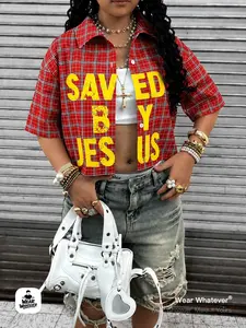 Wear Whatever Women’s Plaid Oversized Short Button Shirt, Faith Graphic “Saved By Jesus” Summer Streetwear Top
