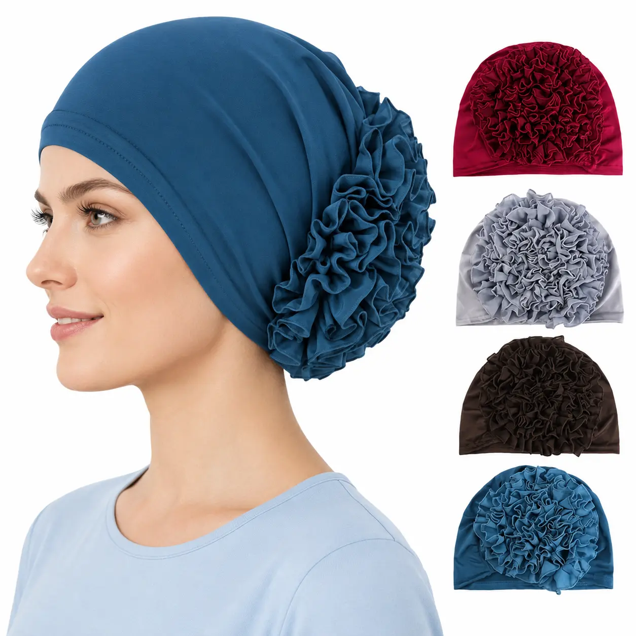 3pcs Ruffled Headscarf Hat, Chiffon Hijab Undercap, Stretchy Hijab Cap, Ethnic Style Headwear, Breathable Headscarf, All Season Headwear, Ruffled Undercap, Modest Fashion Headwear, Versatile Headscarf, Women's Head Wrap