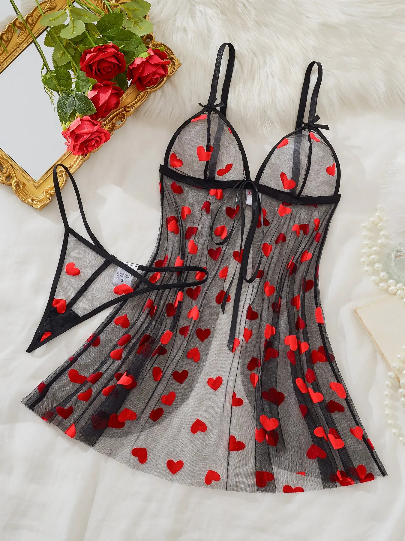 Women's Fashion Bra Set, Semi-Transparent Floral Mesh Sleepwear Set, Front Tie Large Bow Decoration, Dress 2-Piece Set, Loose