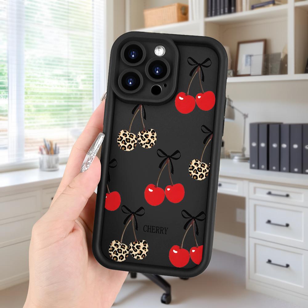 Phone Case: Creative Minimalist Cherry Pattern  Trendy Summer Fresh Anti-Drop Frosted Phone Case for iPhone 17 Pro Max 16 16e 15 14 Plus 13 12 Mini 11 Air