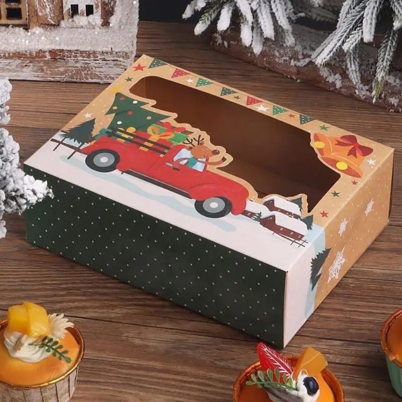 10pcs Christmas Dessert Packaging Boxes, Windowed Cookie Containers, Ideal for Egg Tarts, Chocolate, Strawberries, Pastries