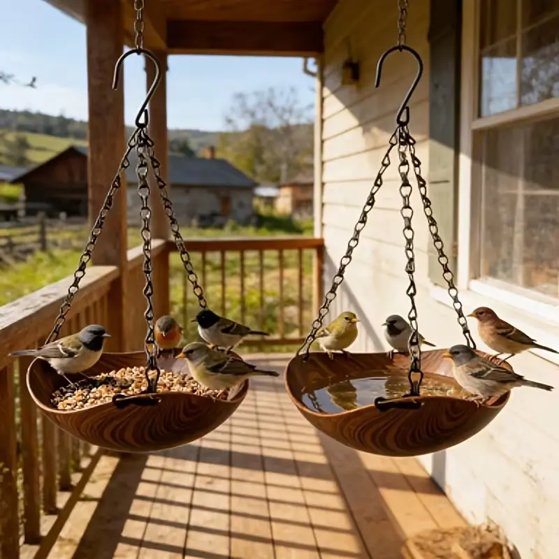 2 Pack Wood Grain Hanging Bird Feeders, Retro Texture, Stable Design, Thickened Iron Chains, S-Hooks, Indoor & Outdoor Use, Bird Feeders for Outdoors Hanging