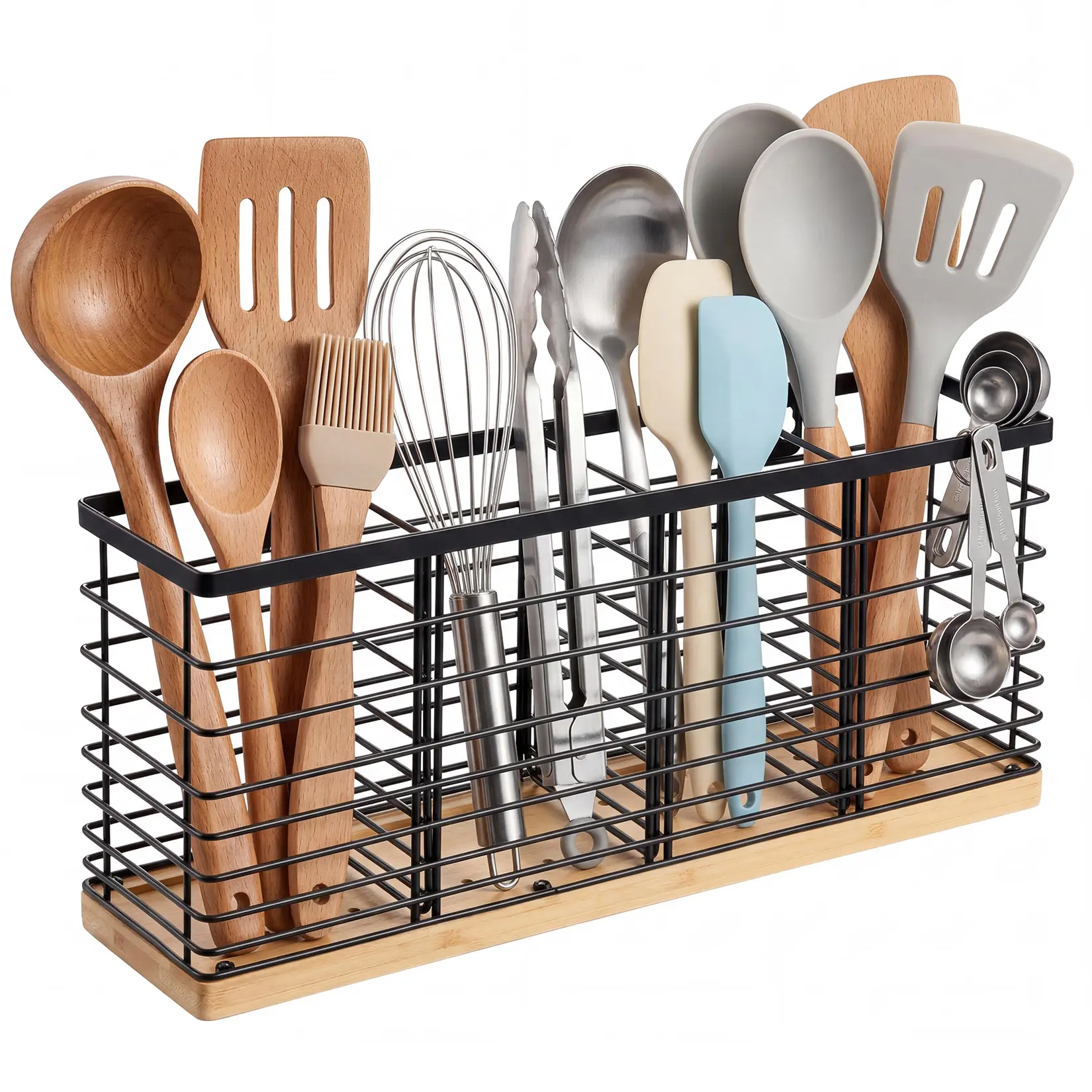 15.7x7.1x4.3 in, 4-Grid Black Iron Utensil Holder features a dual-use design for countertop or wall mounting to keep your kitchen tidy