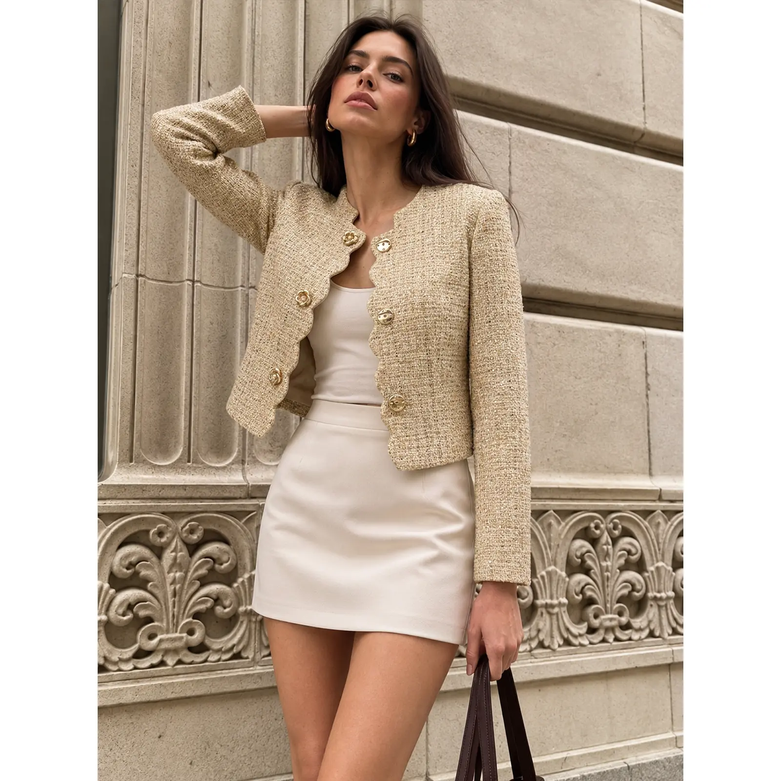 Scallop Edge Sequin Tweed Cropped Jacket