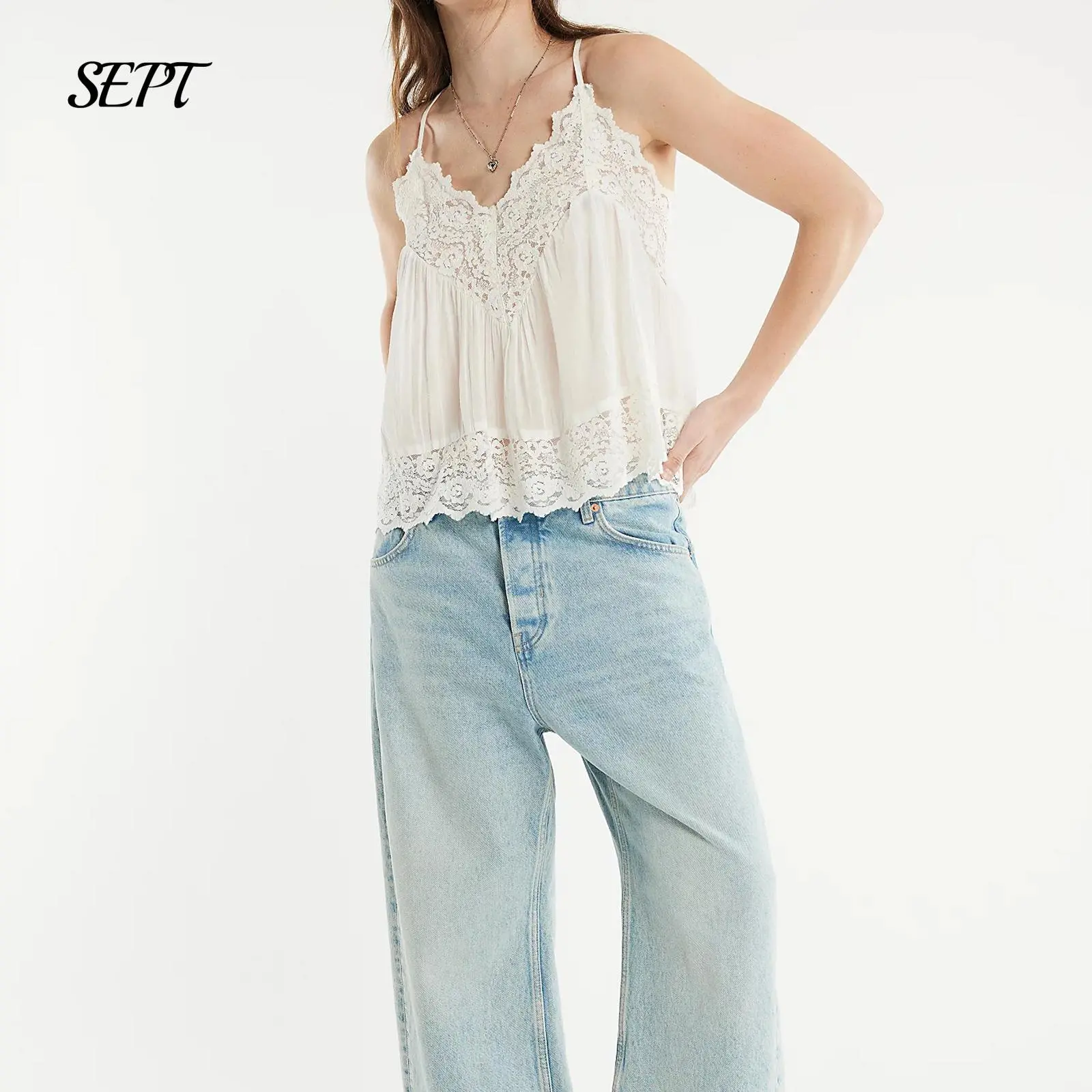 Womens Summer Lace Spaghetti Strap Cami Tops V Neck Babydoll Y2k Boho Casual Going Out Flowy Cute Tank Blouse