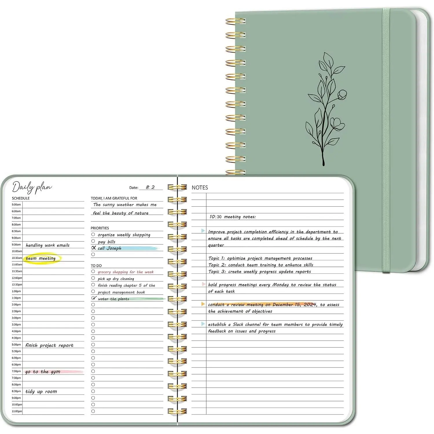 Undated Daily Planner  Spiral Notebook with Hourly Schedule | Easily Organize Your Work Tasks and Appointments,  for School Office Supplies for Organizing Planning, 7.5"x10", Green