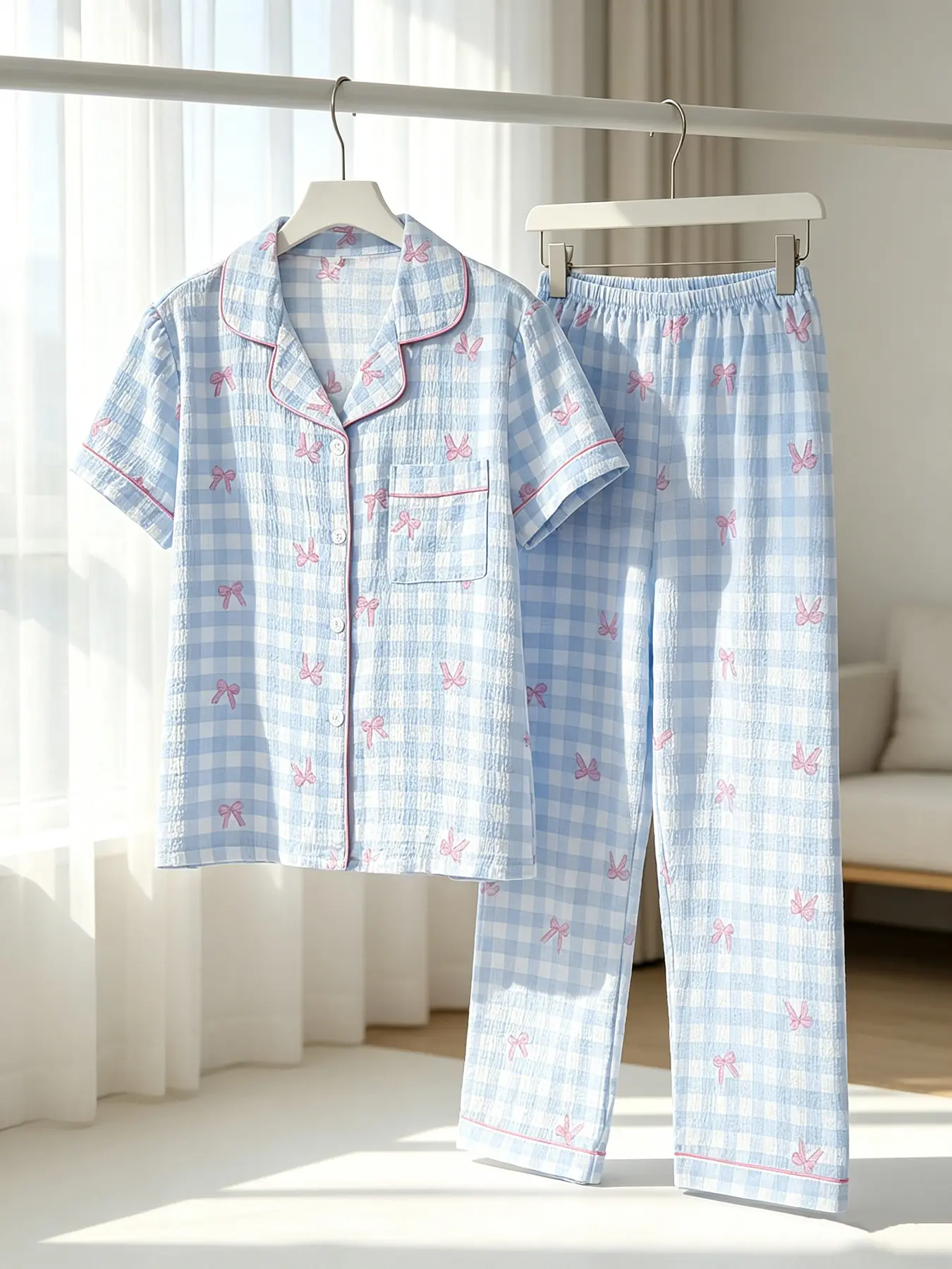 Women's Button-Down Short Sleeve Top & Long Pants Pajama Set, Blue Gingham Pink Bow Print, Pink Piping, Front Pocket, Elastic Waist, All Season Wear, Cozy Fresh Sweet Bow Print Loungewear, Homewear, Pjs, Pyjamas, Nightwear