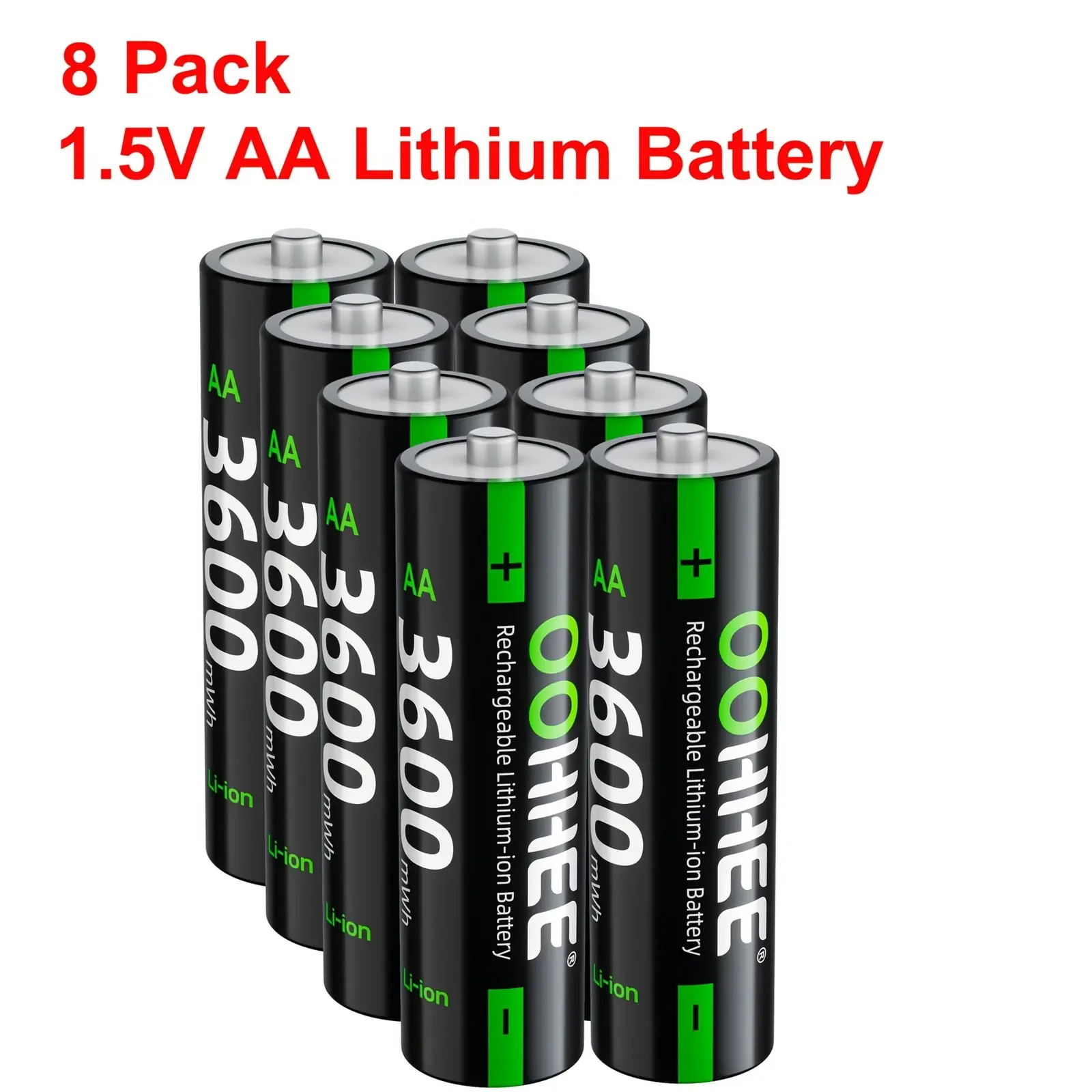 OOHHEE 8 Pack 3600Mwh 1.5V AA Rechargeable Lithium Battery, Suitable for Daily Home And Office AA Electronic Devices Such As Wireless Microphones, Alarms, Remote Controls, Calculators