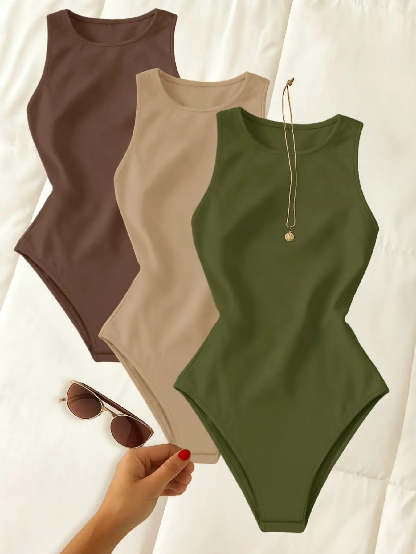 Women's 3-Piece Sleeveless Round Neck Jumpsuit, High Elastic Slim Fit, Plain Color Basic, Wearable Outdoors and Indoors, Daily Underwear Set, Casual Bodysuits