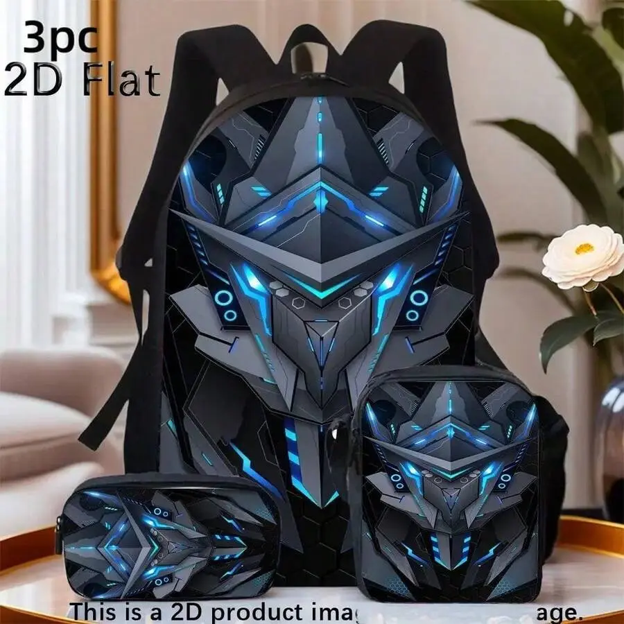 3pcs Polyester Backpack Set Futuristic Mecha Robot Mask Graphic Includes Durable Large-Capacity Bookpack & Insulated Lunch Bag & Multi-Functional Pencil Case, Adjustable Strap And Zipper Compartments For School Travel Daily Use, 17in Bookpack