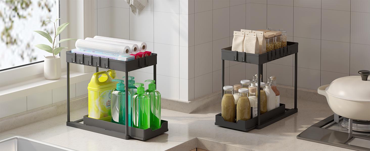 Under Sink Organizer – Bathroom Cabinet Storage with Pull Out Sliding Drawers – 12.8 Inch Shelf for Kitchen, Bathroom, Laundry Room & Cleaning Supplies Organization